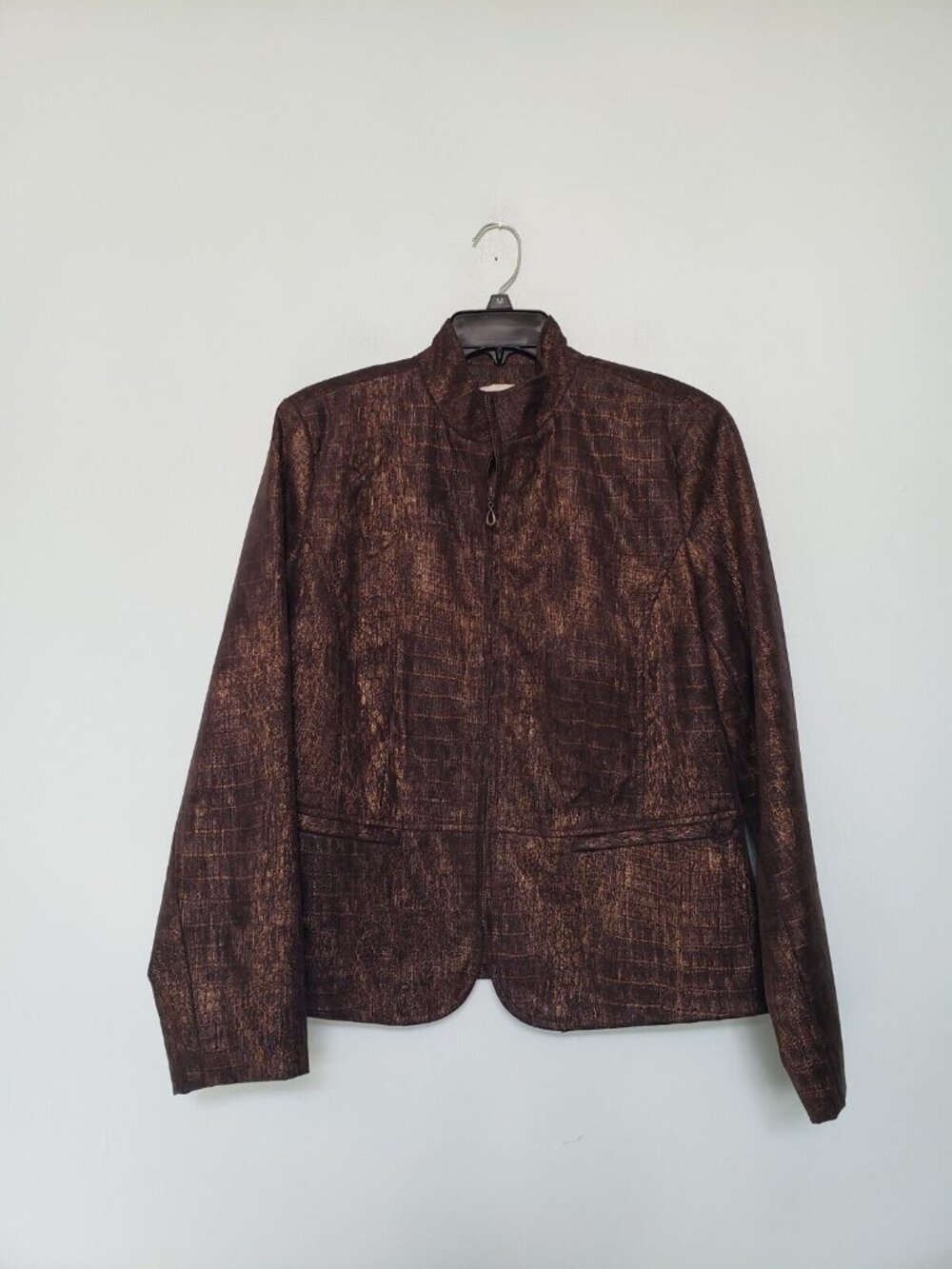 Erin London Womens M Jacket Full Zip Long Sleeve Brown Snakeskin Print Shimmer